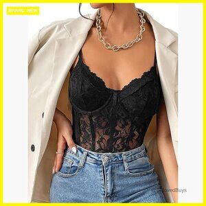 Slim Fit Mesh Bodysuit Lace Bustier Cami Shapewear Sheer Top